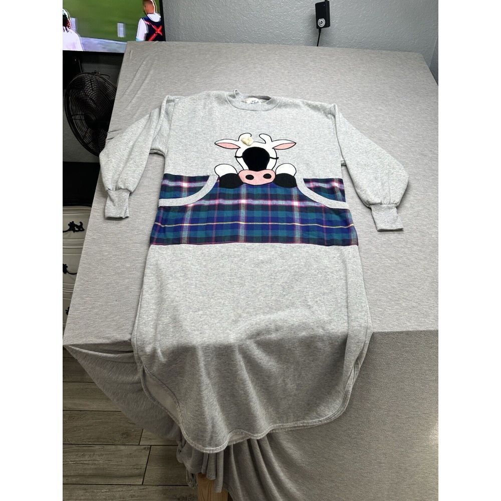 VTG 80s Beth Michaels‎ Plaid Cow Pajama Night Dress Size M